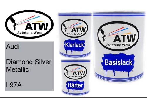 Audi, Diamond Silver Metallic, L97A: 1L Lackdose + 1L Klarlack + 500ml Härter - Set, von ATW Autoteile West.